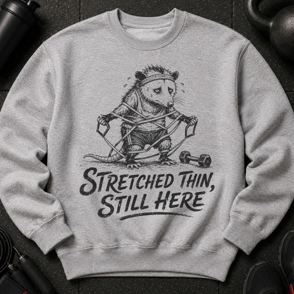 Grey sweatshirt with black graphic of a possum struggling with resistance bands, text "Stretched Thin, Still Here".