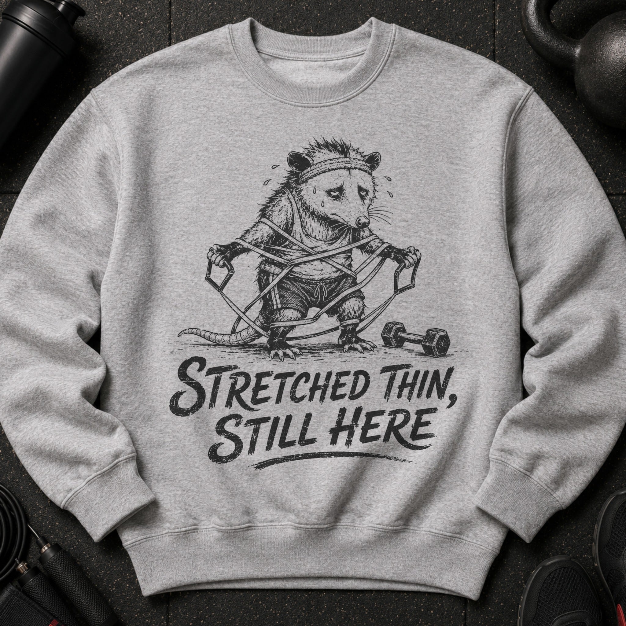 Grey sweatshirt with black graphic of a possum struggling with resistance bands, text "Stretched Thin, Still Here".