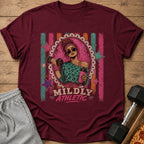 Maroon t-shirt with "MILDLY ATHLETIC" graphic of a woman lifting weights.
