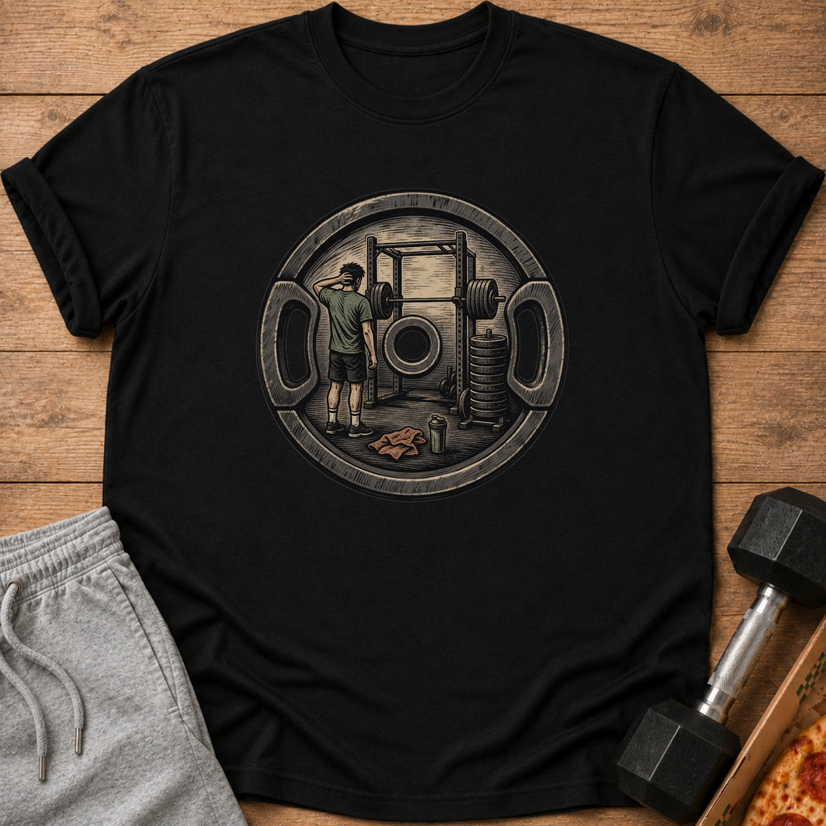 Graphic of person at weight rack inside a weight plate.