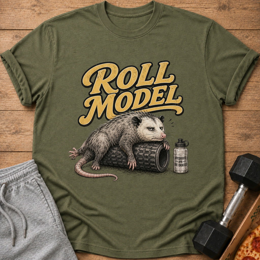 Olive green t-shirt with "Roll Model" text and an opossum on a foam roller.