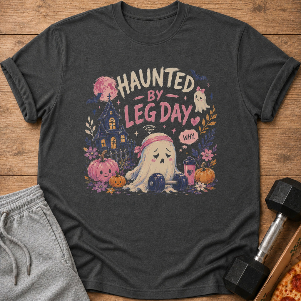 T-shirt with "Haunted by Leg Day" text and a sad ghost with dumbbells.
