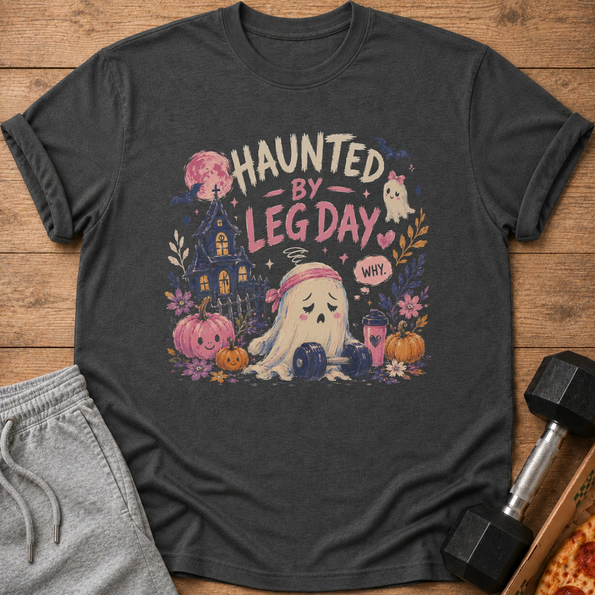 T-shirt with "Haunted by Leg Day" text and a sad ghost with dumbbells.