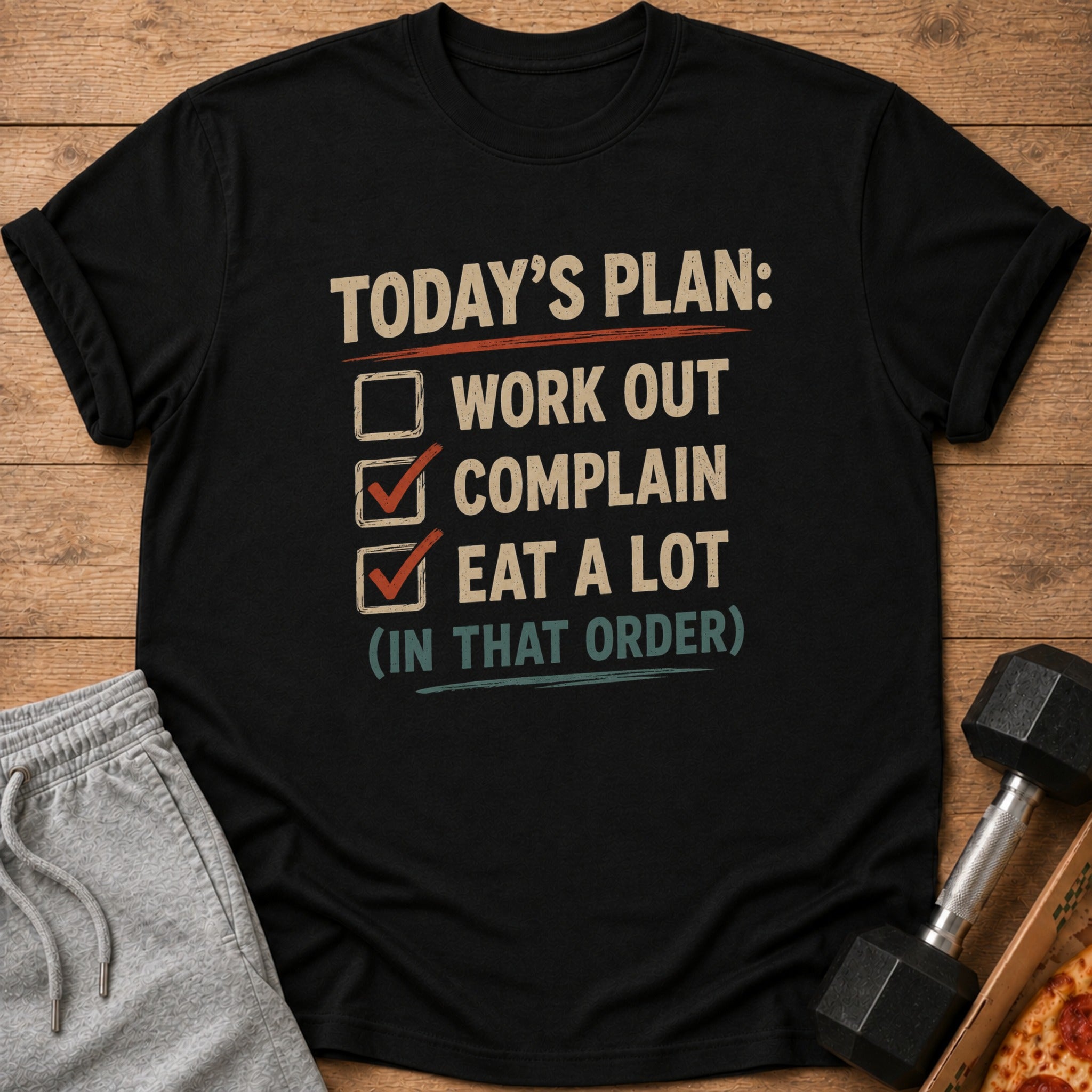 Black t-shirt with text "Today's Plan: Work Out, Complain, Eat a Lot (In That Order)".