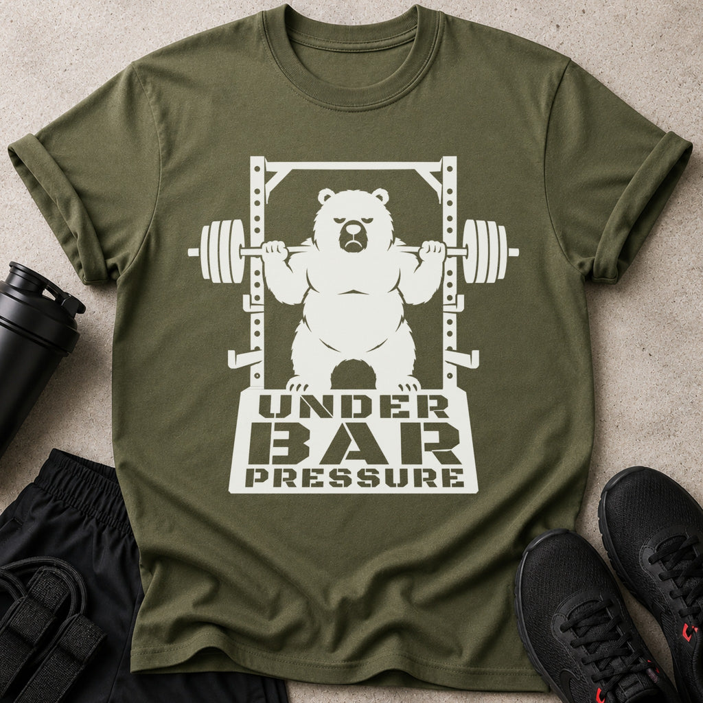 Olive t-shirt featuring a white graphic of a bear lifting weights with text "UNDER BAR PRESSURE."