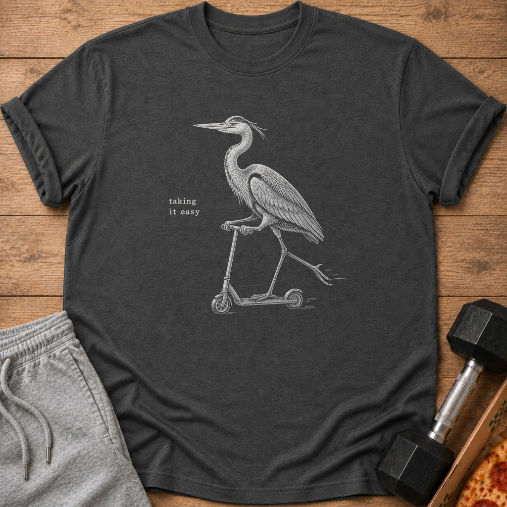 T-shirt with a sketch of a heron riding a scooter and the text "taking it easy."