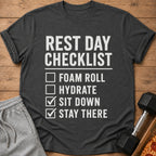 Dark gray t-shirt with "REST DAY CHECKLIST" and activities.