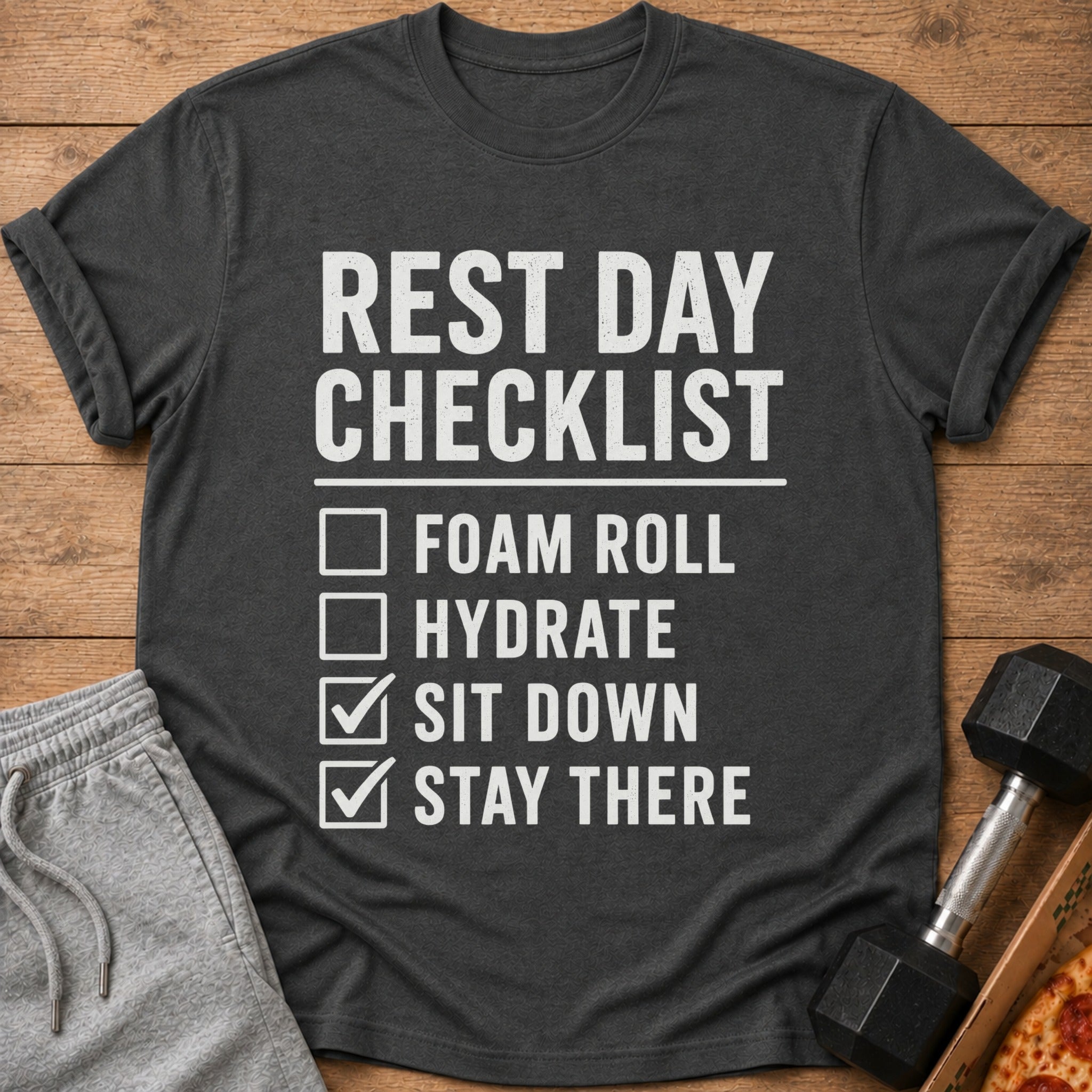 Dark gray t-shirt with "REST DAY CHECKLIST" and activities.