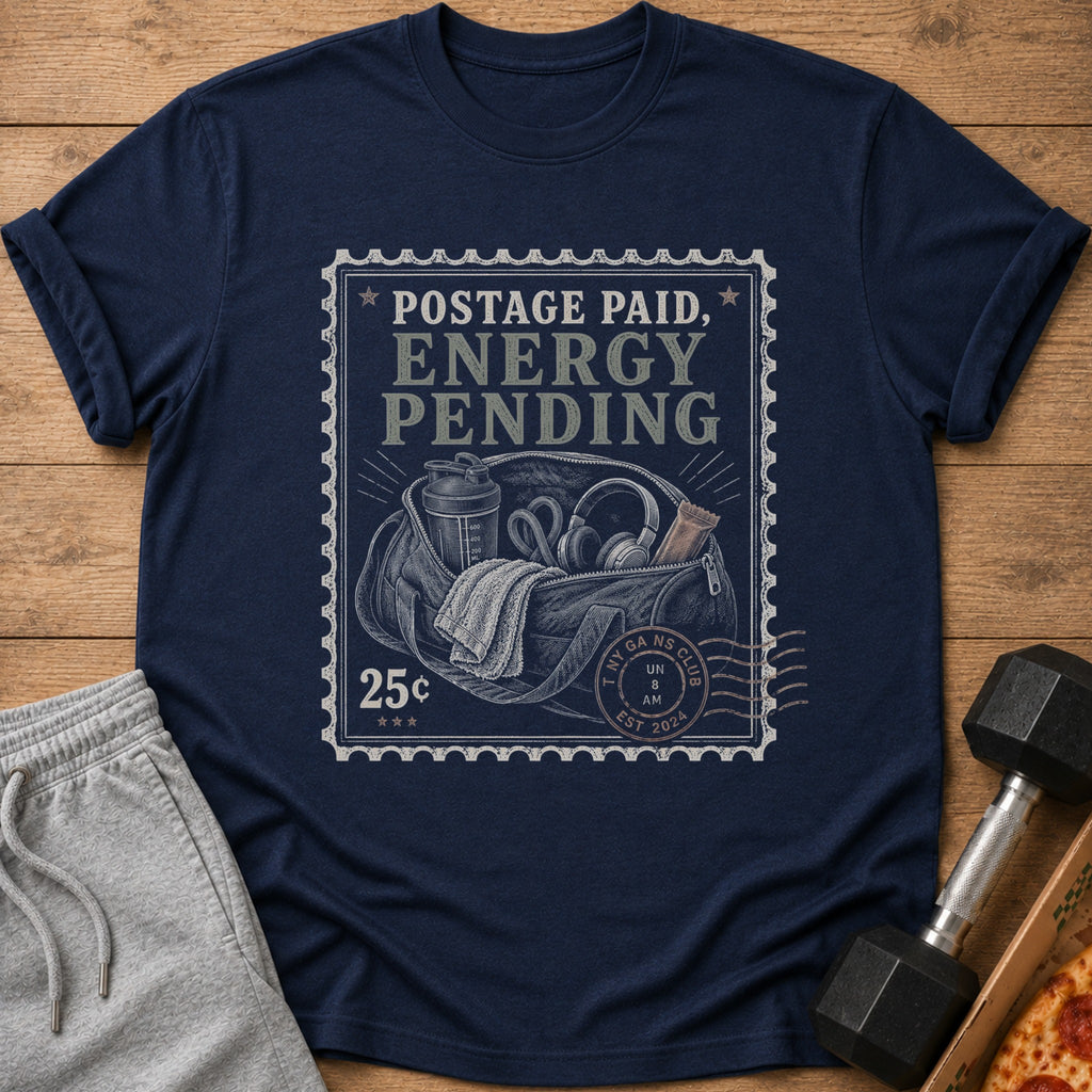 Navy t-shirt with "POSTAGE PAID, ENERGY PENDING" text and gym bag graphic.