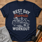 Navy t-shirt with skeleton on couch and text "Rest Day Is My Favorite Workout".
