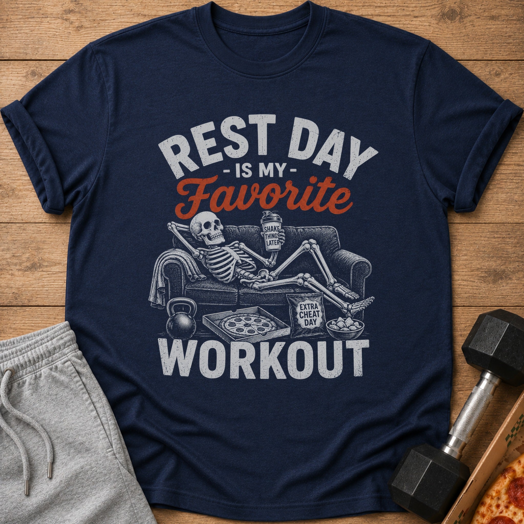 Navy t-shirt with skeleton on couch and text "Rest Day Is My Favorite Workout".