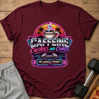 T-shirt graphic with coffee cup, dumbbells, and text "Caffeine Calories and Chaos Pre-workout, Probably."
