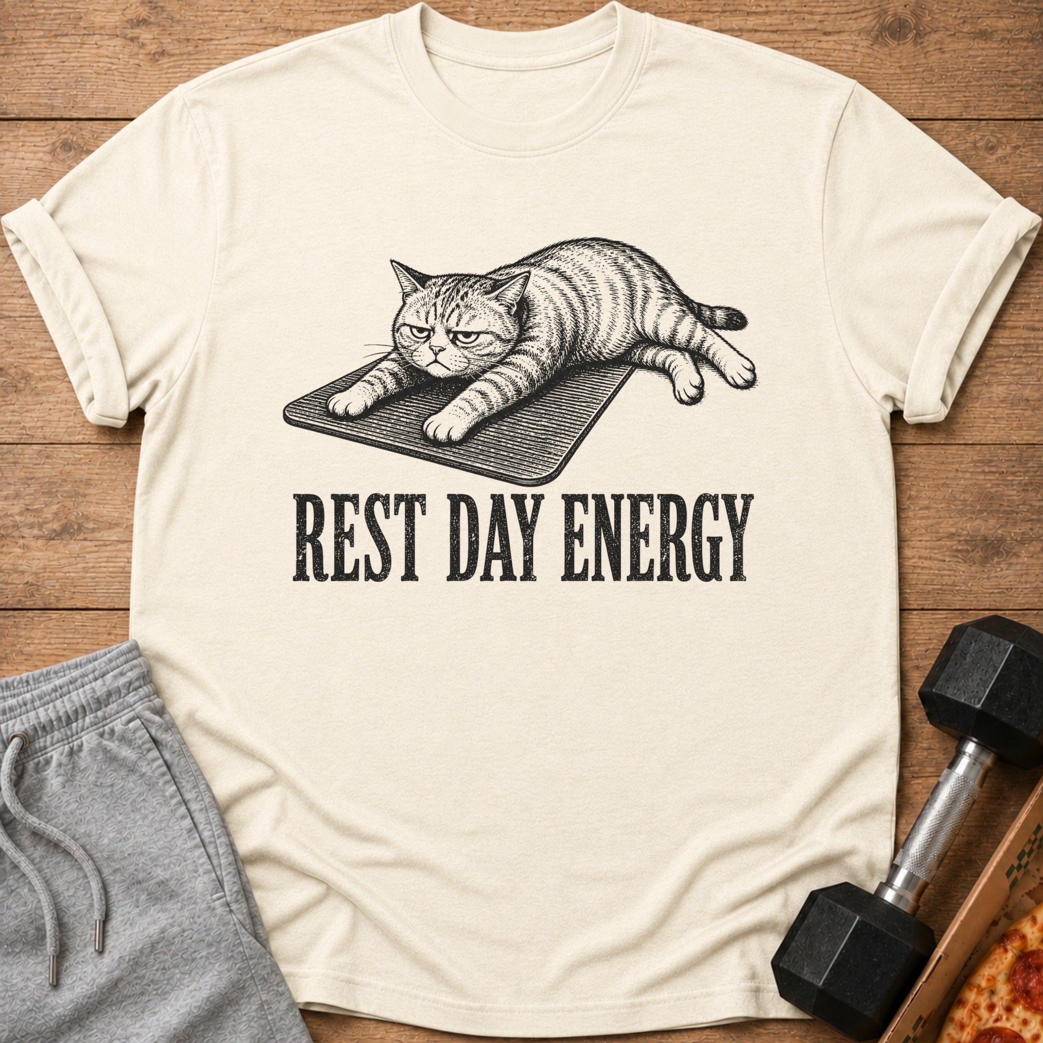 T-shirt with a drawing of a lazy cat and the text "REST DAY ENERGY".