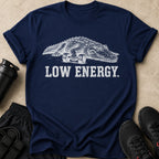 Navy t-shirt with graphic of alligator on dumbbells and text "LOW ENERGY."