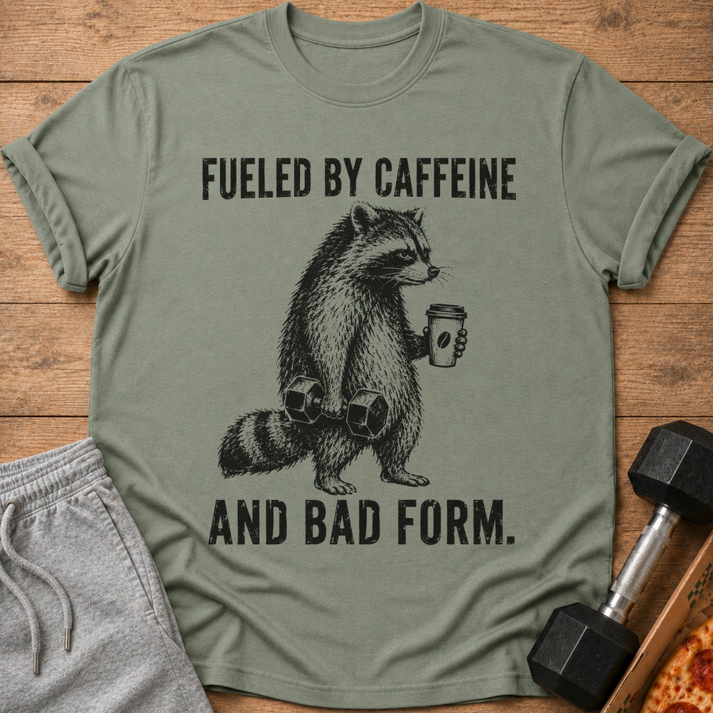 Raccoon with dumbbell and coffee cup on t-shirt reads "Fueled by Caffeine And Bad Form."