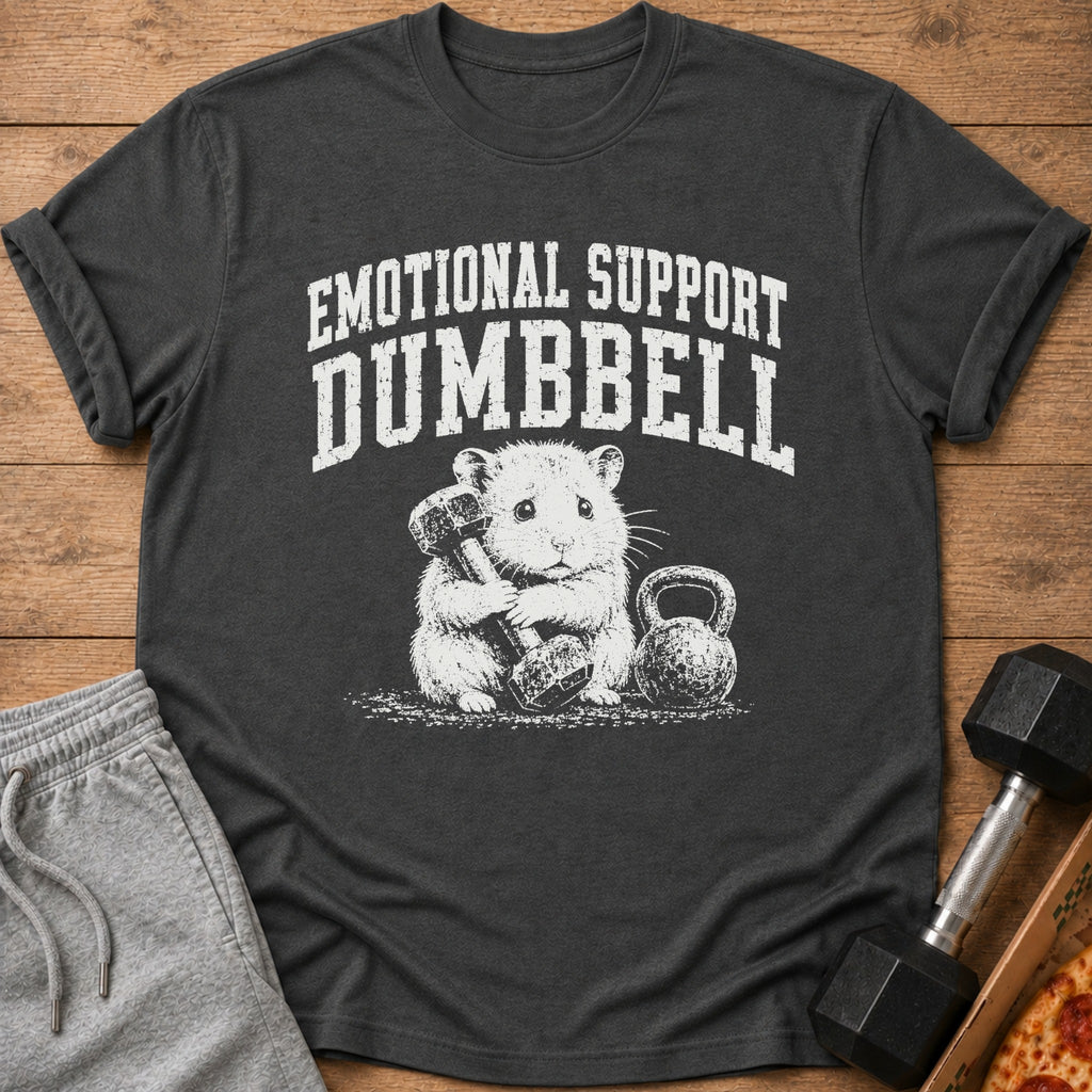 Dark grey t-shirt with distressed white text "EMOTIONAL SUPPORT DUMBBELL" above a hamster holding a dumbbell.