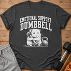 Dark grey t-shirt with distressed white text "EMOTIONAL SUPPORT DUMBBELL" above a hamster holding a dumbbell.