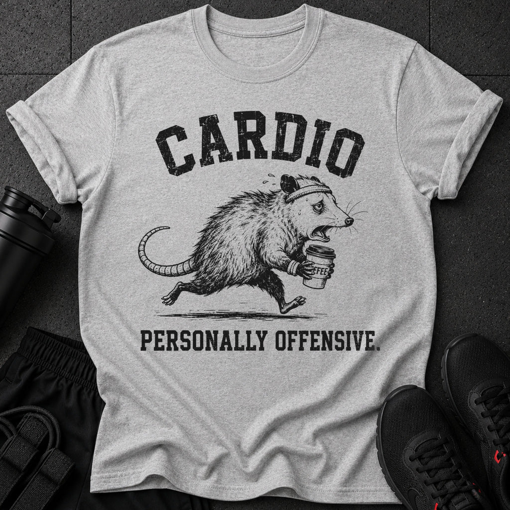 Gray t-shirt with "CARDIO PERSONALLY OFFENSIVE" text and a running opossum holding coffee.