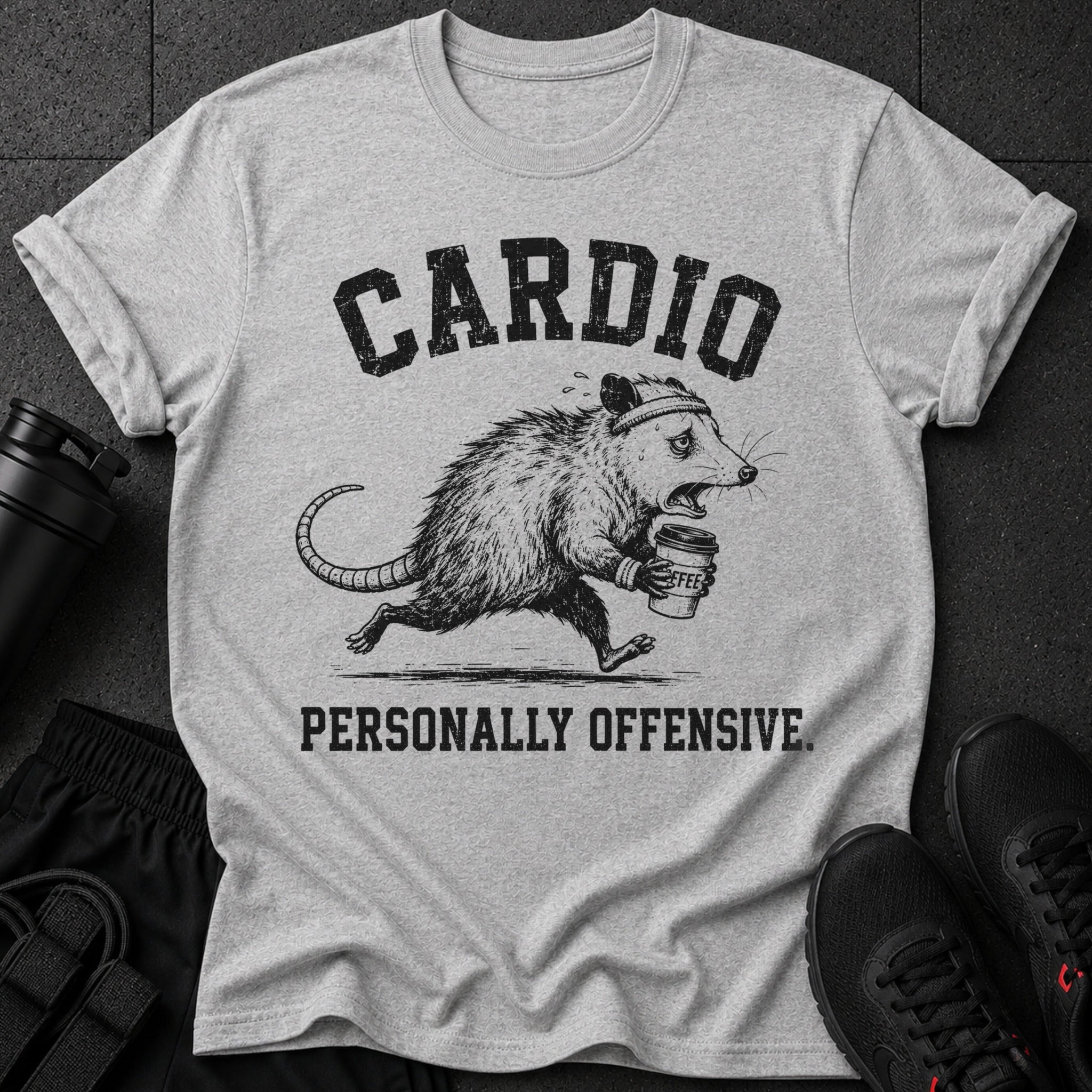 Gray t-shirt with "CARDIO PERSONALLY OFFENSIVE" text and a running opossum holding coffee.