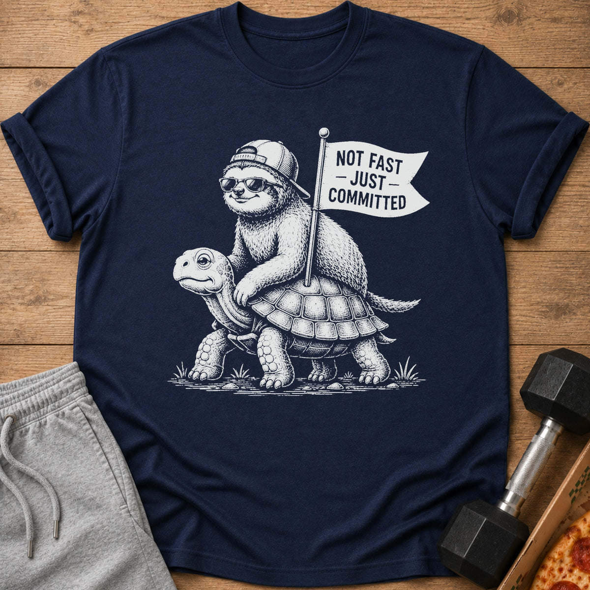 Navy t-shirt with a drawing of a sloth riding a turtle, holding a flag that says "Not Fast - Just Committed".