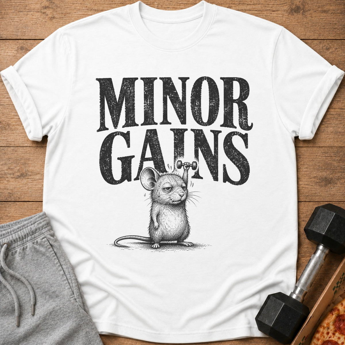 White t-shirt with "MINOR GAINS" text and a mouse lifting a dumbbell.