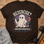 Brown t-shirt with a graphic of a ghost lifting weights, text "Hexercis? Unfortunately."