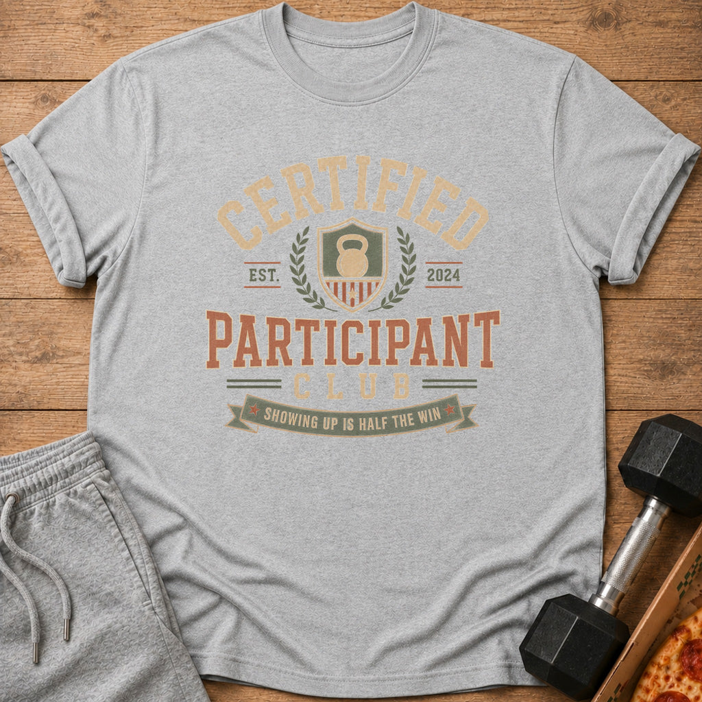 Grey t-shirt with "Certified Participant Club" graphic and kettlebell.