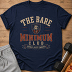 Navy t-shirt with "The Bare Minimum Club" text, a sloth logo, and a banner.