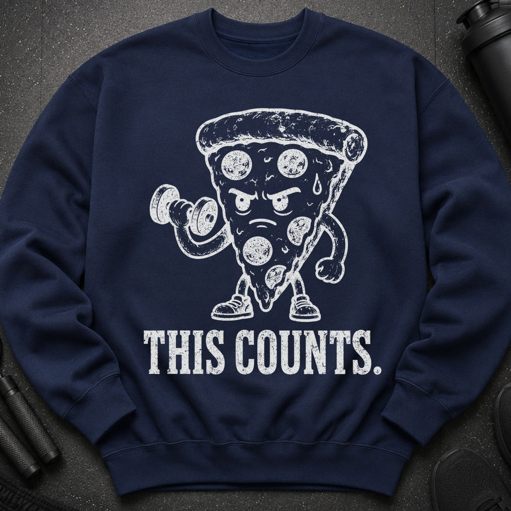 Navy sweatshirt with graphic of a pizza slice lifting weights saying "THIS COUNTS."