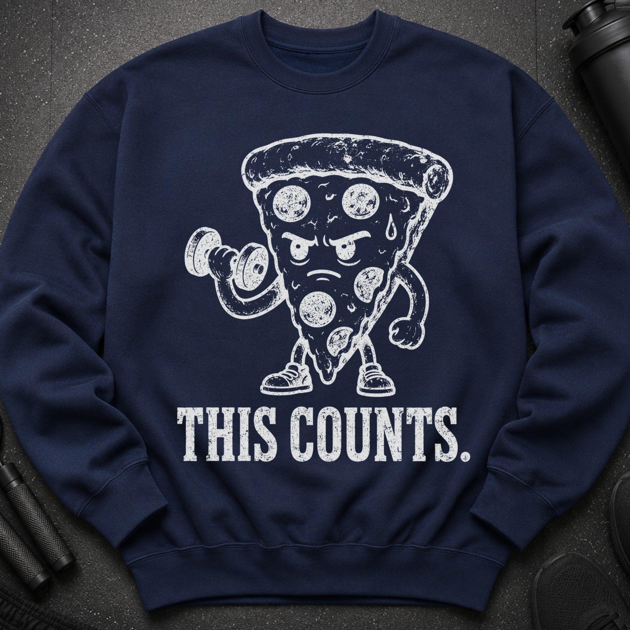 Navy sweatshirt with graphic of a pizza slice lifting weights saying "THIS COUNTS."