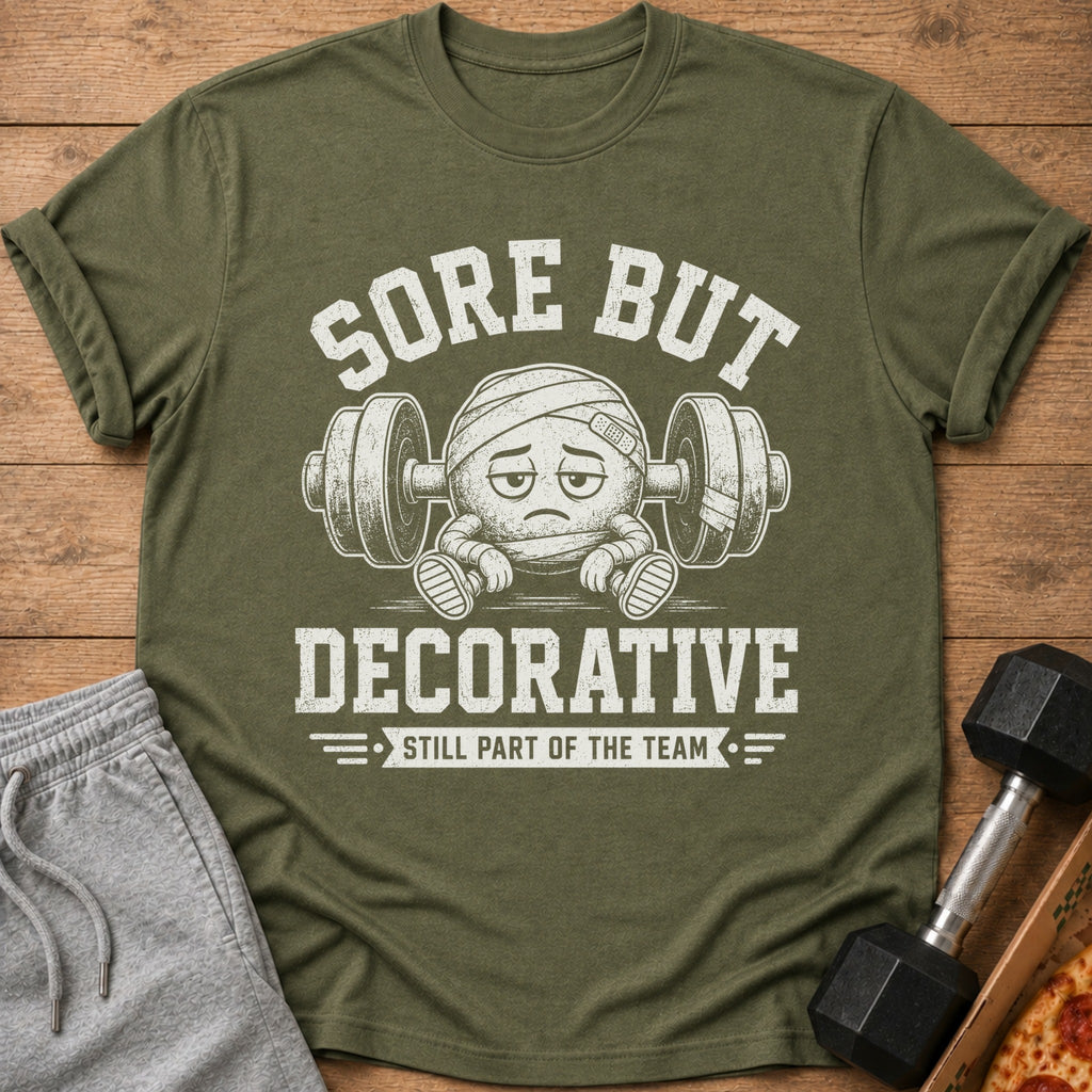 T-shirt with "Sore But Decorative Still Part of the Team" text and cartoon.