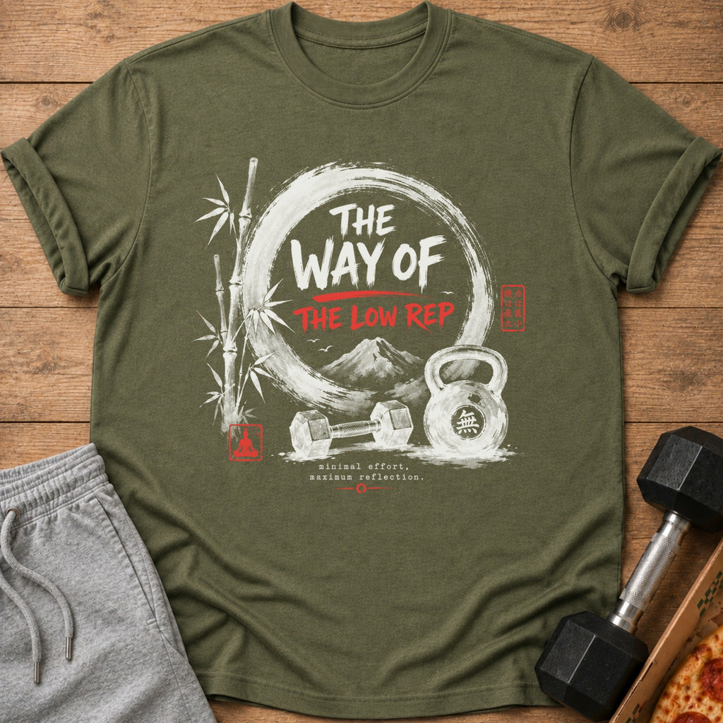 Green t-shirt with "The Way of the Low Rep" graphic, bamboo, dumbbells, and kettlebell.