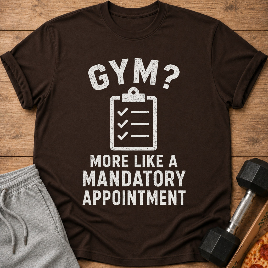 Brown t-shirt with "GYM? MORE LIKE A MANDATORY APPOINTMENT" text and checklist graphic.
