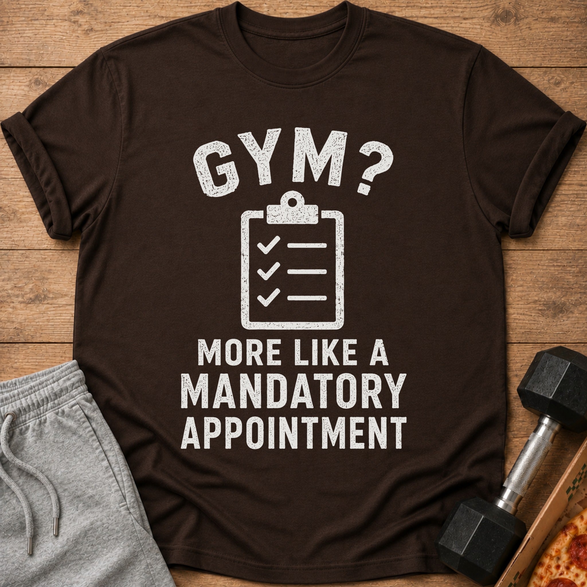 Brown t-shirt with "GYM? MORE LIKE A MANDATORY APPOINTMENT" text and checklist graphic.