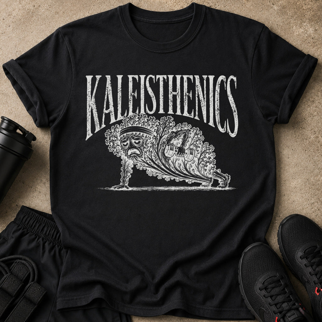 "KALEISTHENICS" text above a cartoon kale with a sad face doing a plank with dumbbells.