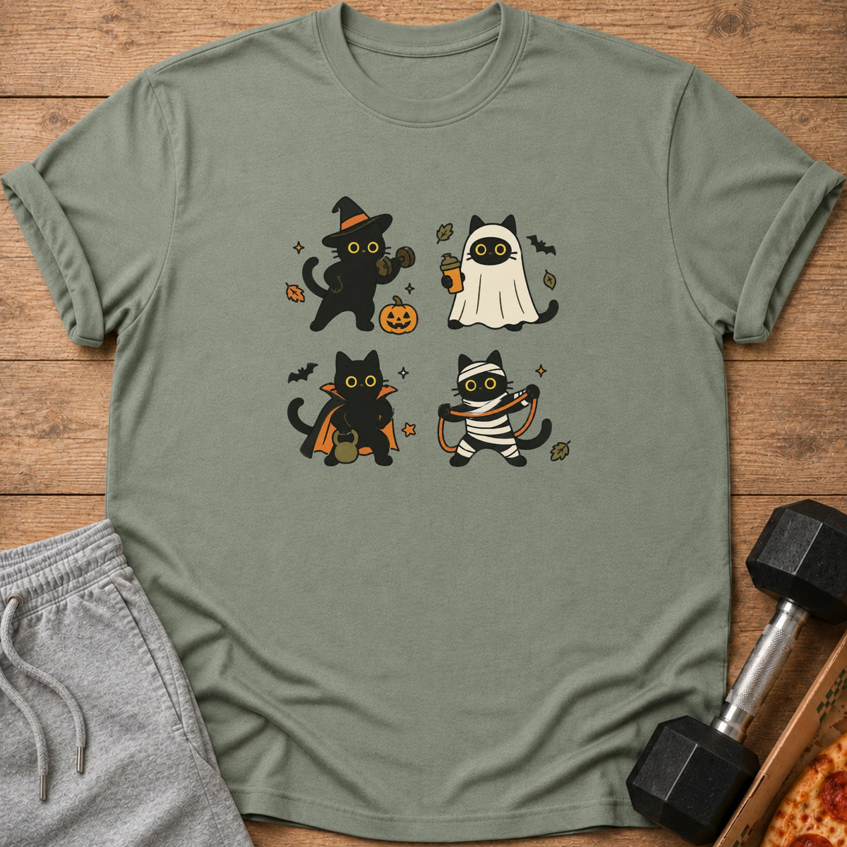 Green t-shirt with four Halloween cats: witch, ghost, vampire, and mummy.