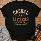 Black t-shirt with "CASUAL LIFTERS SOCIETY" text and gym emblem.