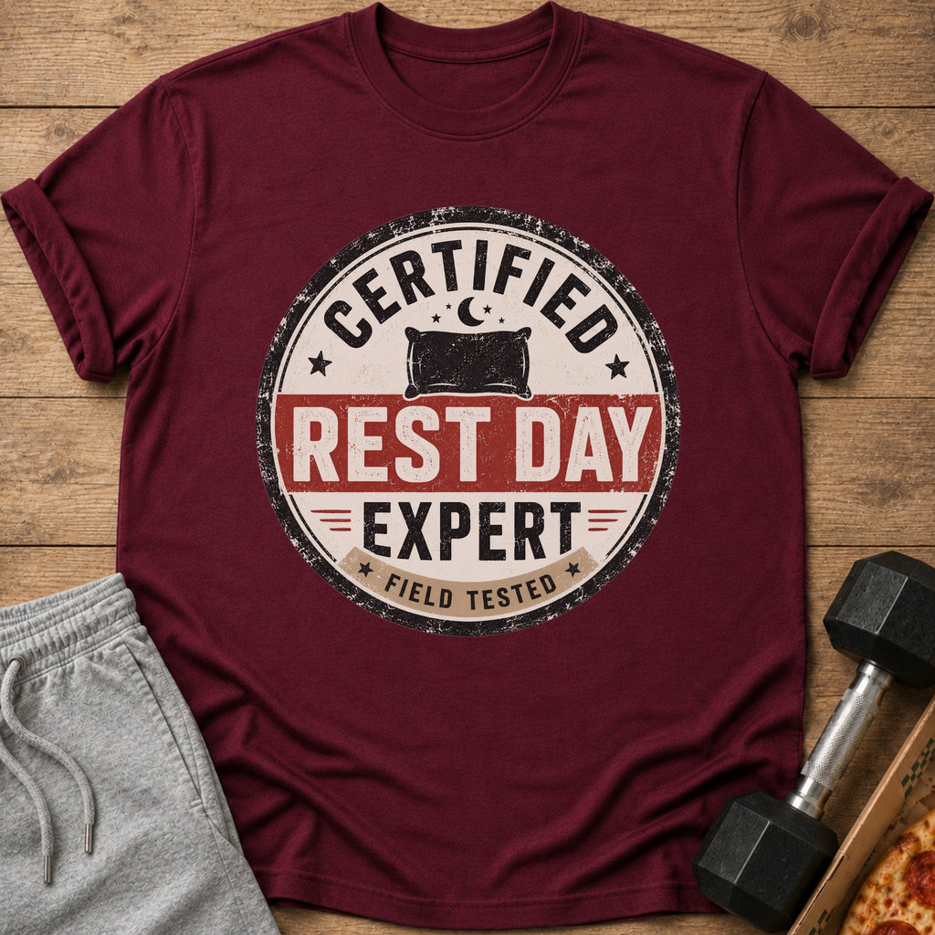 Maroon t-shirt with "Certified Rest Day Expert Field Tested" graphic and a pillow icon.