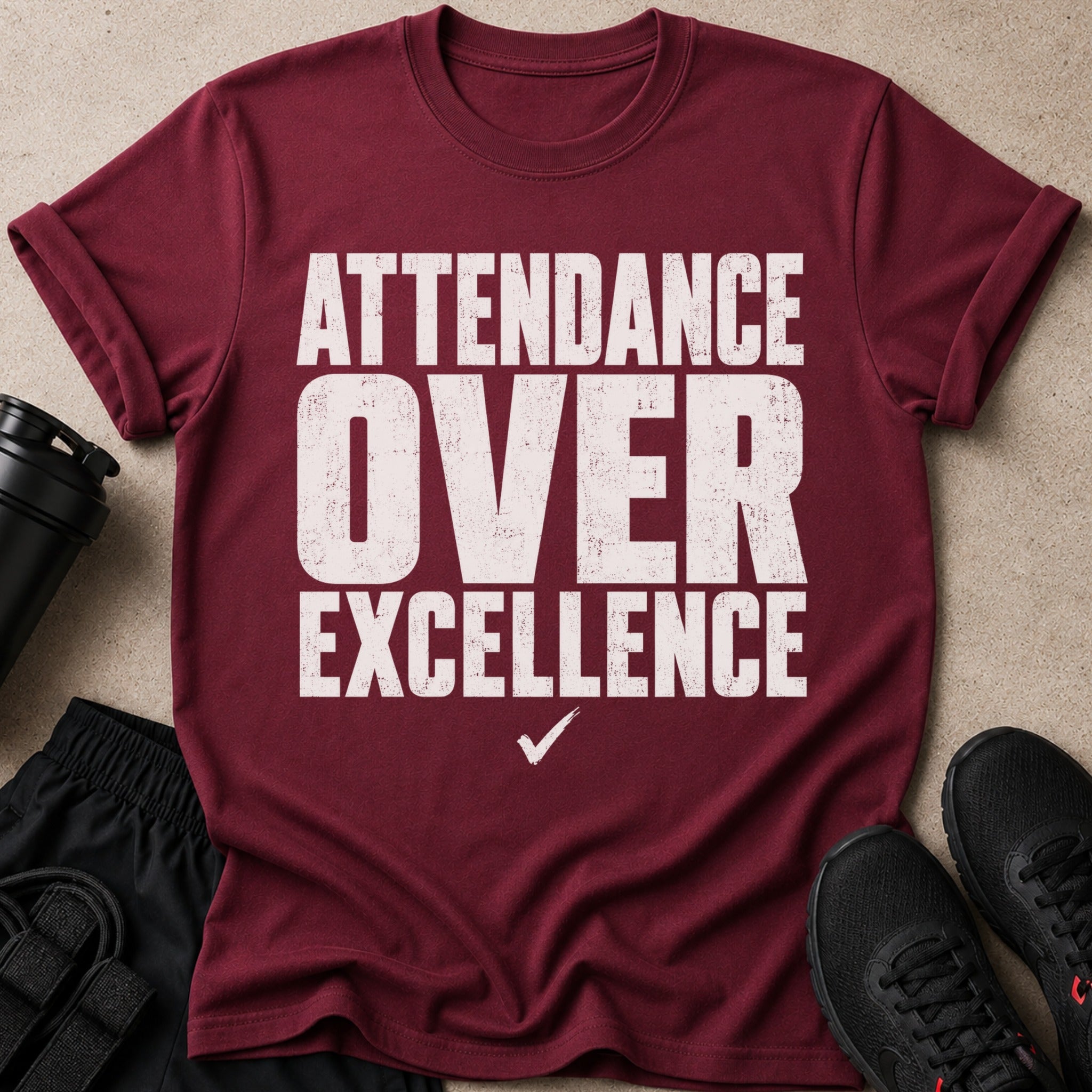 Maroon t-shirt with "ATTENDANCE OVER EXCELLENCE" text and a checkmark.