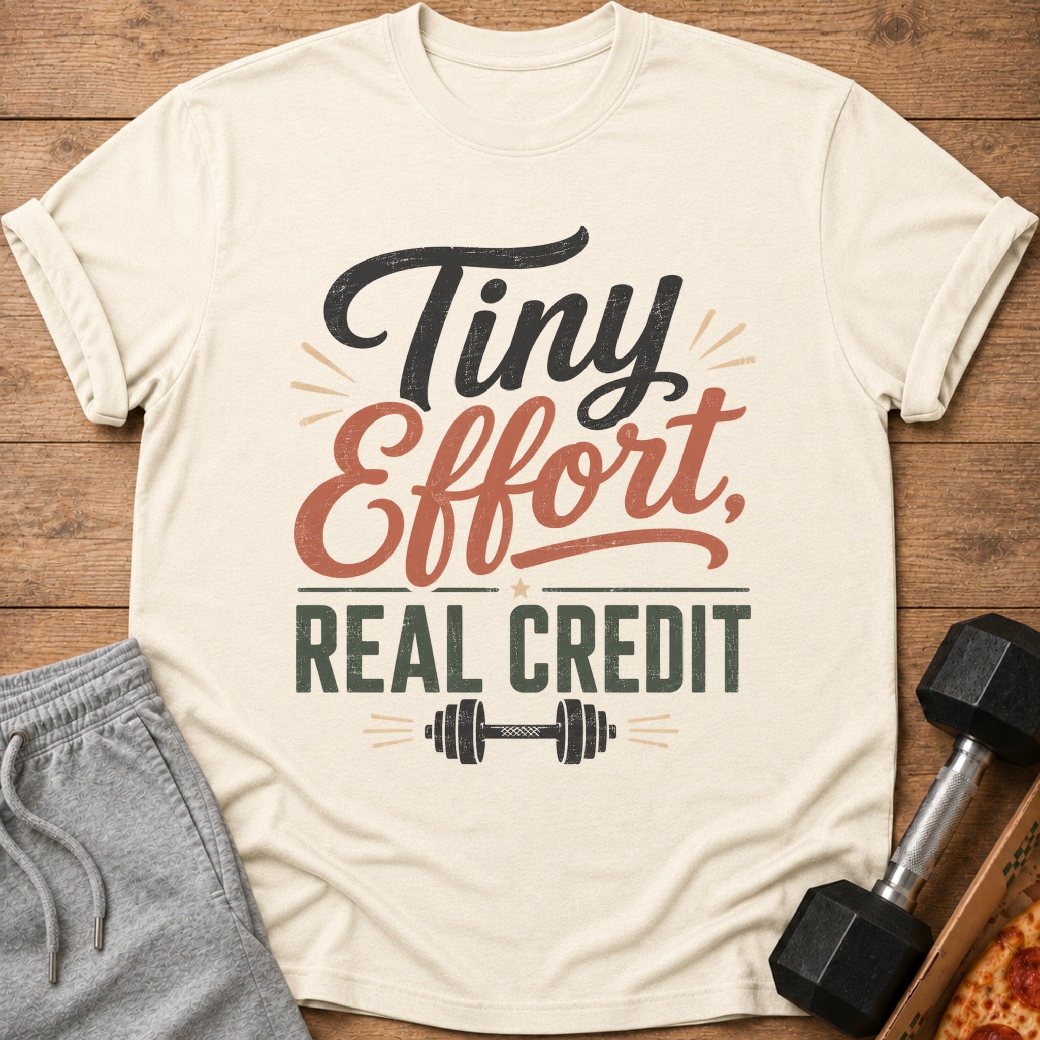 Cream t-shirt with text "Tiny Effort, Real Credit" and dumbbell graphic.