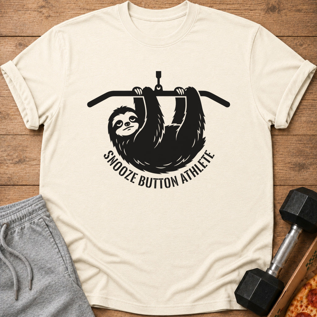 Black sloth hanging from a pull-up bar with text "Snooze Button Athlete".