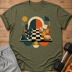 T-shirt graphic with a chess board featuring dumbbells, shaker bottle, and comfort items.