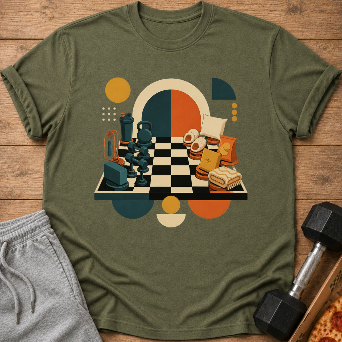 T-shirt graphic with a chess board featuring dumbbells, shaker bottle, and comfort items.