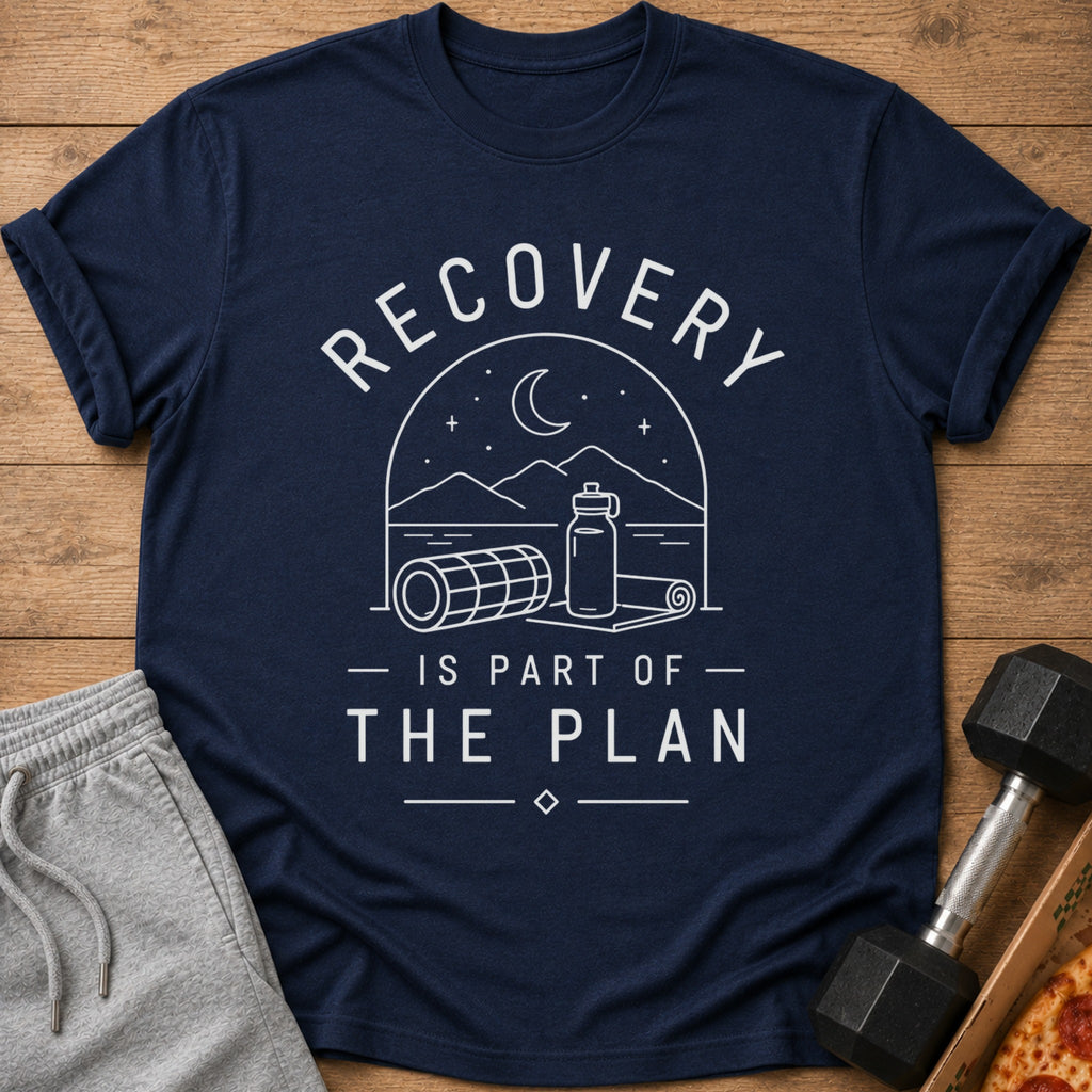 Navy t-shirt with "RECOVERY IS PART OF THE PLAN" graphic and workout imagery.