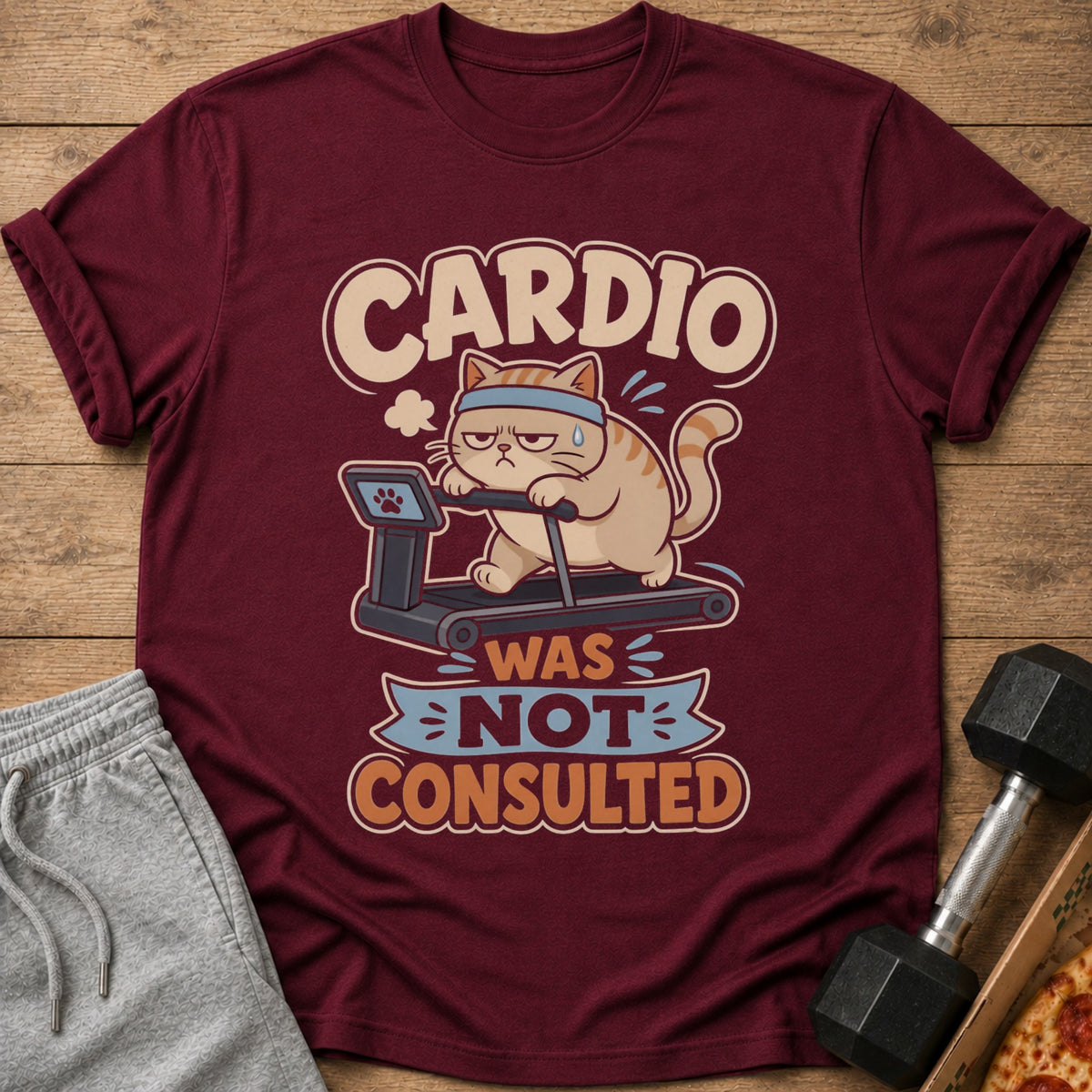 Maroon t-shirt with cartoon cat on treadmill, text "CARDIO WAS NOT CONSULTED".
