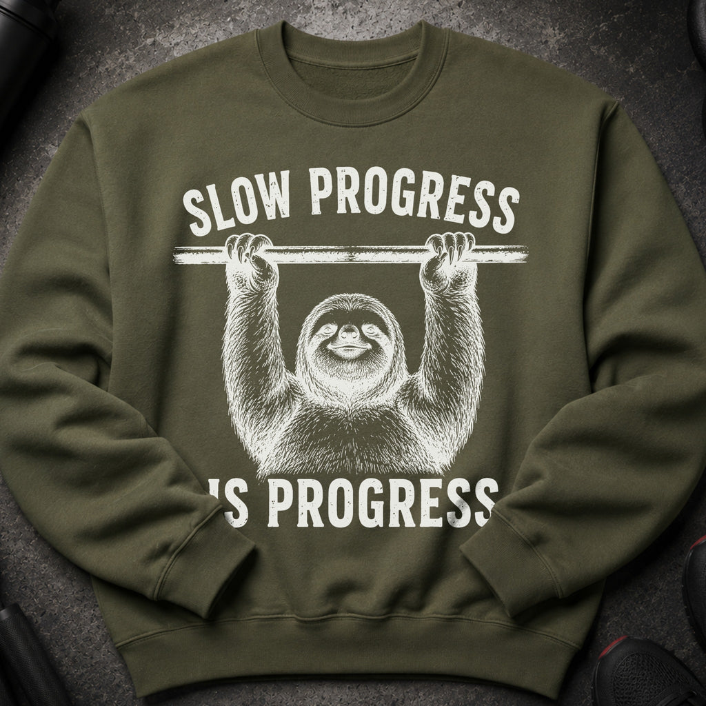 Green sweatshirt with white graphic of sloth hanging from bar, text reads "Slow Progress is Progress."