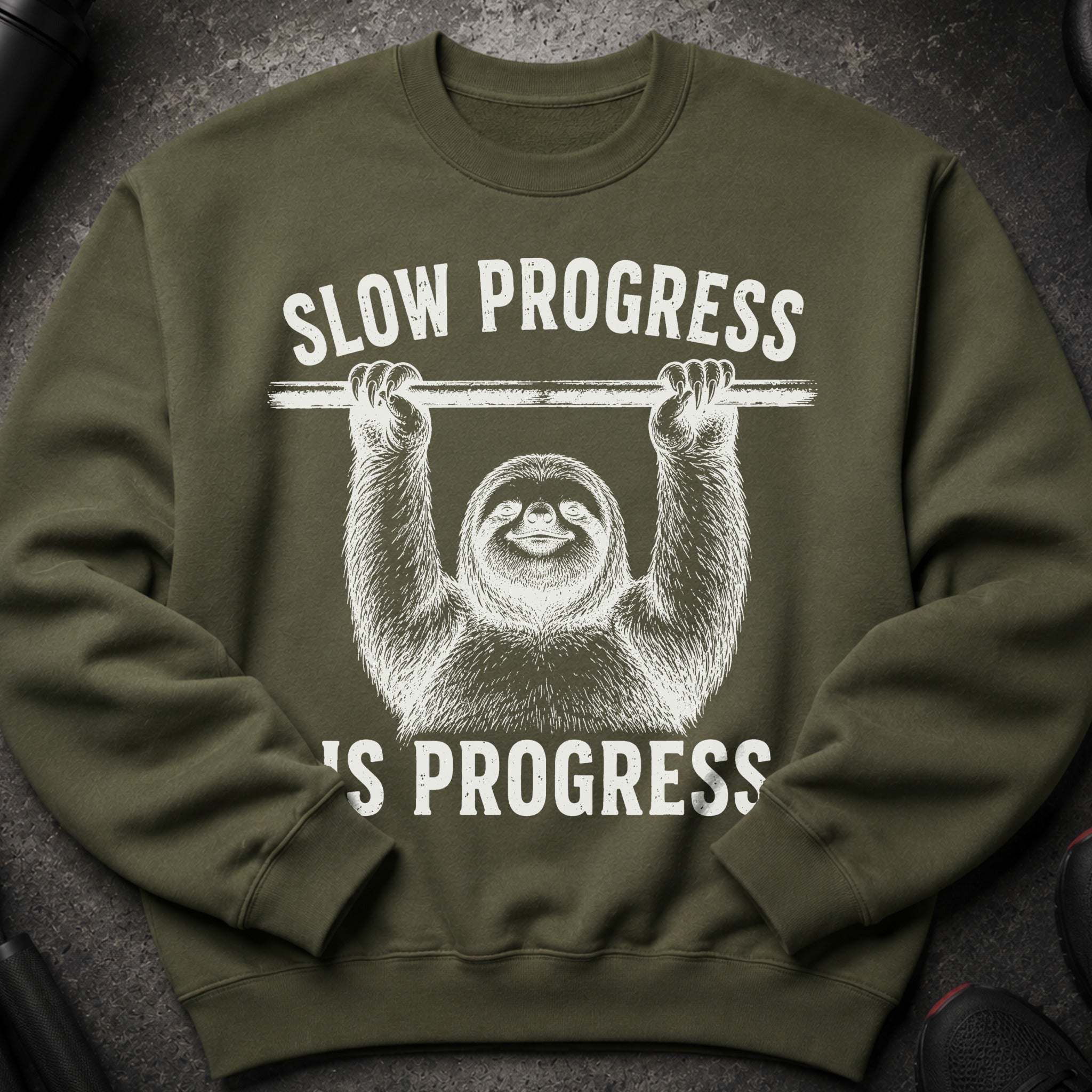 Green sweatshirt with white graphic of sloth hanging from bar, text reads "Slow Progress is Progress."