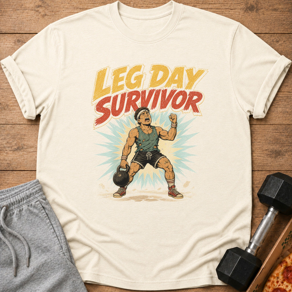 Cream t-shirt with "LEG DAY SURVIVOR" text and distressed man lifting kettlebell.