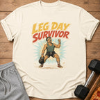 Cream t-shirt with "LEG DAY SURVIVOR" text and distressed man lifting kettlebell.