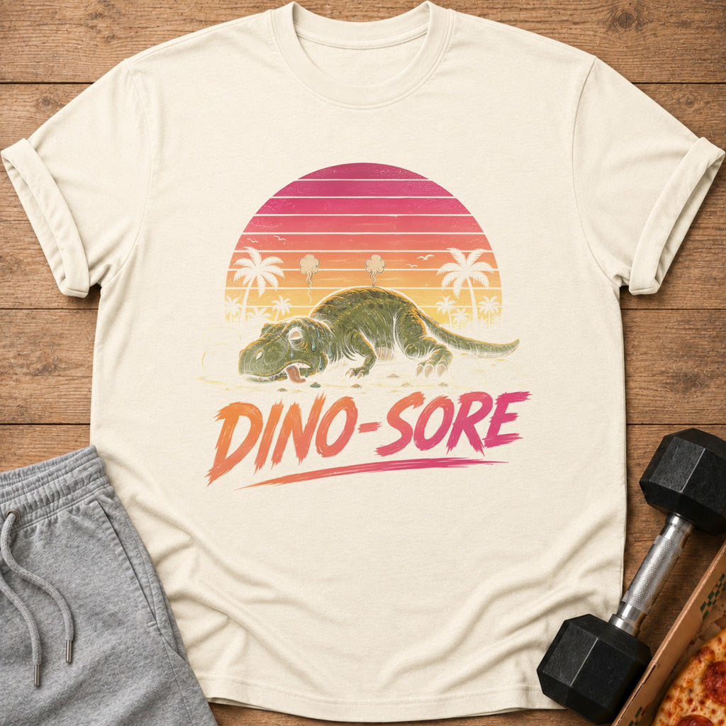 T-shirt graphic of a tired dinosaur with "Dino-Sore" text and a sunset.